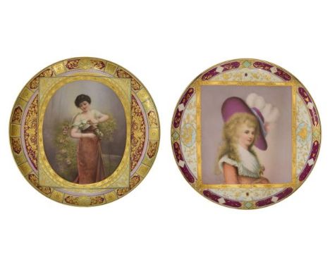 Two Carl Thieme, Potschappel circular plaques, each painted in the Berlin manner, the first with a study of a lady holding a 