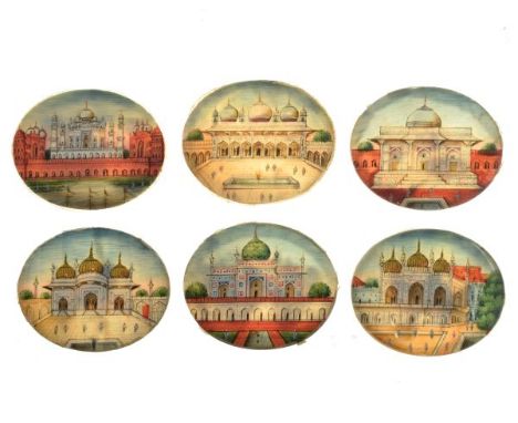 Six small 19th Century Indian oval watercolour miniatures on ivory - Architectural Views, 3.5cm x 4.25cm  Condition: Two piec