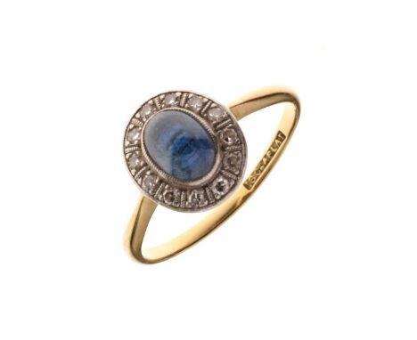 Sapphire and diamond ring, stamped '18ct &amp; Plat', the cabochon measuring approximately 6.7mm x 4.6mm x 2.9mm deep, enclos