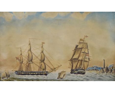 19th Century English School - Watercolour - Coastal seascape with a naval frigate and Man 'o 'war, unsigned, 33cm x 57cm  Con