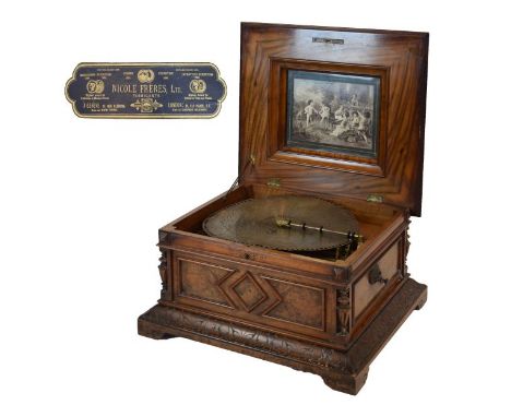 Good late 19th Century inlaid rosewood and walnut table top Polyphon, Nicole Freres Ltd, the stepped rectangular cover with c