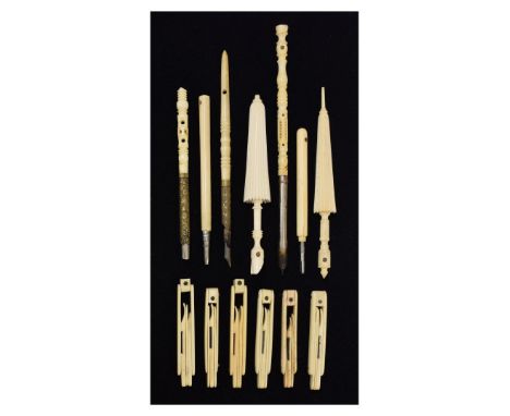 Group of thirteen 19th Century and early 20th Century bone and ivory Stanhope viewers, comprising: six fold-out manicure nece