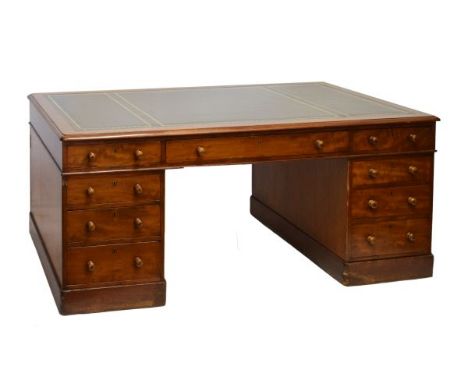 Late Victorian/Edwardian partners mahogany twin pedestal desk, the moulded rectangular top with gilt-tooled skiver above two 