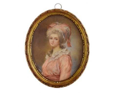 19th Century French School - Oval miniature - Portrait of a lady wearing a pink dress and bonnet, unsigned, 9.75cm x 8cm  Con