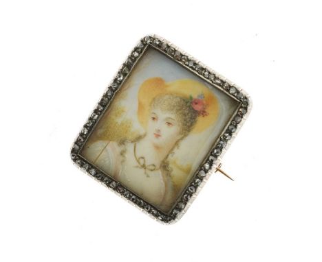 Miniature portrait diamond set brooch, circa 1890, unmarked, the rectangular panel of a young woman wearing a large brimmed h