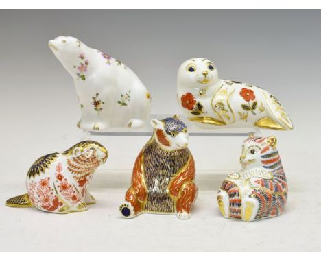 Five assorted Royal Crown Derby animal paperweights, comprising: Tiger Cub, Beaver, Seal, Honey Bear and Derby Posies Polar B