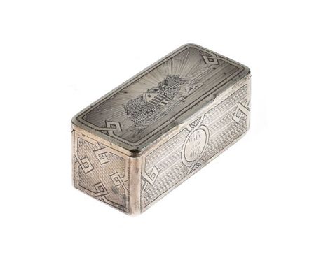 19th Century Russian silver snuff box, the hinged cover having engraved decoration depicting an architectural view, the remai