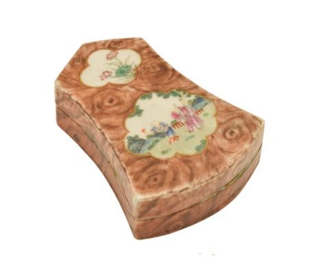 Chinese Famille Rose porcelain inkstone and cover having figural and foliate reserves on a mottled brown ground, the interior