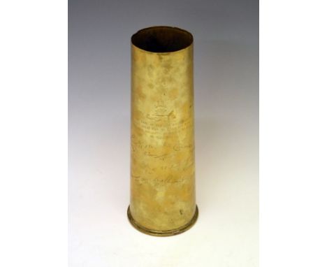 Trench Art - World War I shell case vase engraved with the script 'The case of the last shell fired in the Great War by C/149