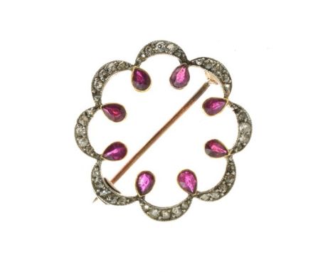 Edwardian rose diamond and ruby circlet brooch, unmarked, the arched circle with inner points of pendeloque cut rubies, 2.4cm