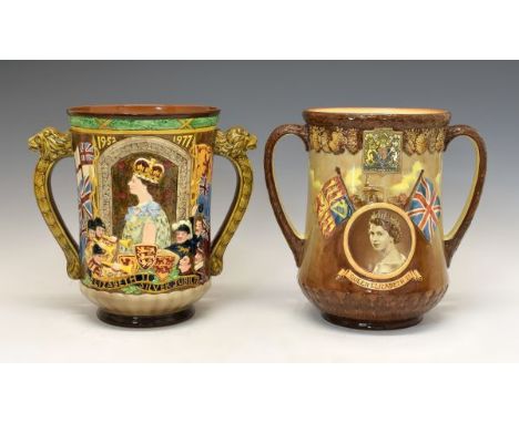Two Royal Doulton limited edition loving cups, the first commemorating the Coronation of Queen Elizabeth II 1953 No.372/1000,