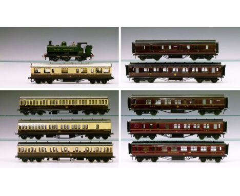Model Railway - Exley 0 gauge - Three LMS coaches, a similar smaller coach and a similar restaurant car, together with four u