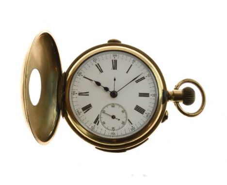 Gold-plated half hunter-cased quarter repeat chronograph pocket watch, the white Roman dial with subsidiary seconds at VI and