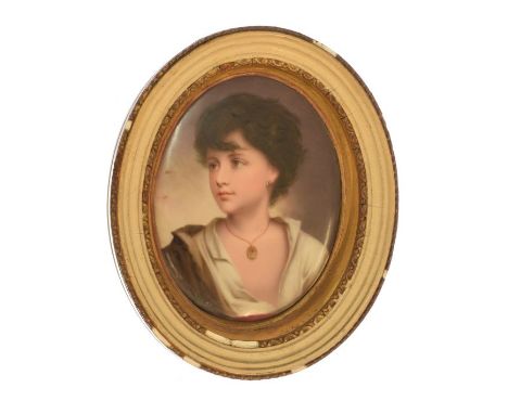 19th Century Vienna style porcelain oval plaque painted with a head and shoulders portrait of a young girl, impressed numeral