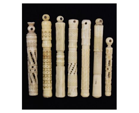 Group of seven 19th and early 20th Century bone Stanhope viewers, comprising: five bodkin cases plus two similar items, all o