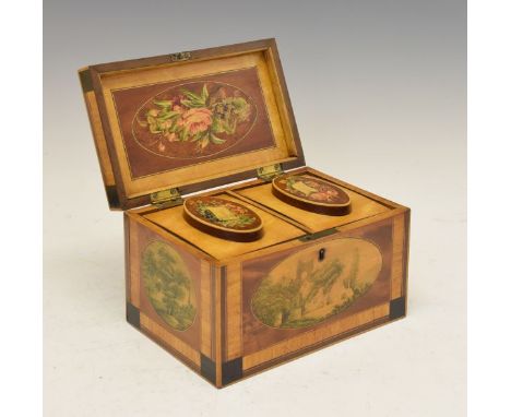 Good 19th Century mahogany satinwood and coromandel veneered tea caddy, the cover, front, back and side panels each with oval
