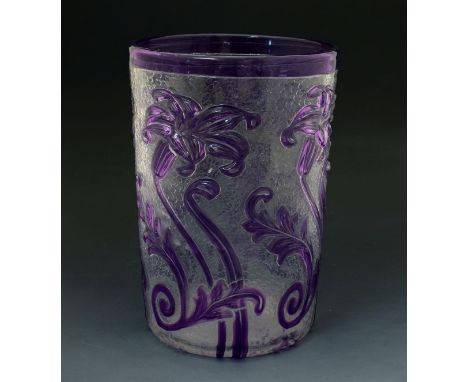 Webb Cameo Fleur glass vase, amethyst stylised foliage overlaid onto a clear ground, 20.75cm high  Condition: Very slight mou