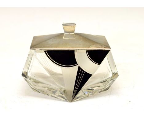 French Art Deco design black and clear glass trinket box of shaped rectangular form, the silver cover bearing British hallmar