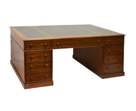 Late Victorian/Edwardian partners mahogany twin pedestal desk, the moulded rectangular top with gilt-tooled skiver above two 