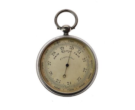 Victorian silver cased pocket barometer, sponsors mark of Philip Woodman &amp; Sons, London 1891, with engraved crest, 5cm di