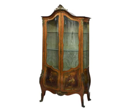 Late 19th Century French 'Vernis Martin' bombe vitrine, the humped cornice with central gilt metal foliate scroll mount over 