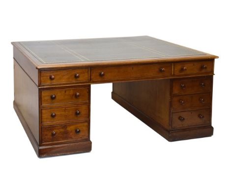 Late Victorian/Edwardian partners mahogany twin pedestal desk, the moulded rectangular top with gilt-tooled skiver above two 