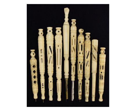Group of ten 19th and early 20th Century bone pens and pencils each with Stanhope viewer, to include three with fountain pen 