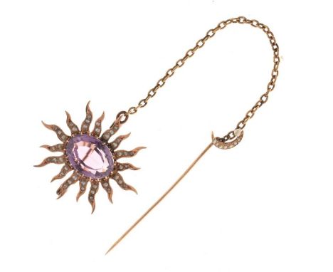 Edwardian amethyst and seed pearl 'Sun in Splendour' brooch, with a crescent moon safety chain pin, 3.3cm across, approx 6.1g