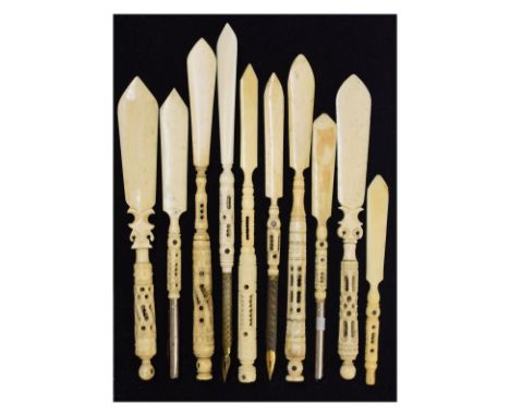 Group of ten 19th and early 20th Century bone letter openers each with Stanhope viewer, to include four with fountain pen ter