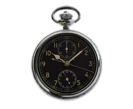 Military Interest - Hamilton nickel-cased push-button chronograph pocket watch, the black dial with cream Arabic numerals, 30