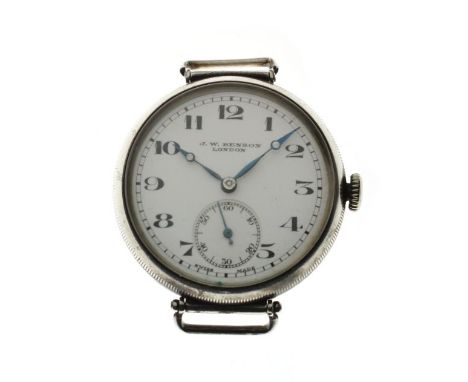 J.W. Benson - Officers Trench style silver cased manual wind wristwatch, having hinged lugs, signed white enamel dial with Ar