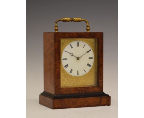 19th Century French burr walnut mantel clock, the white Roman dial with Breguet moon hands, the single-train timepiece moveme