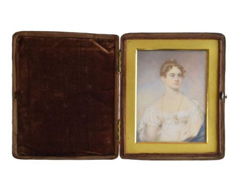 19th Century English School - Watercolour miniature - Portrait of a young lady wearing a white dress and gold necklace, 9.5cm