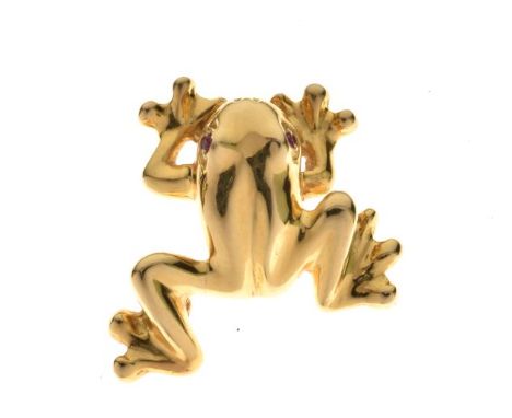 Frog pendant, with ruby set eyes, stamped '750', 3cm long, approx 11.3g gross  Condition: **General condition consistent with