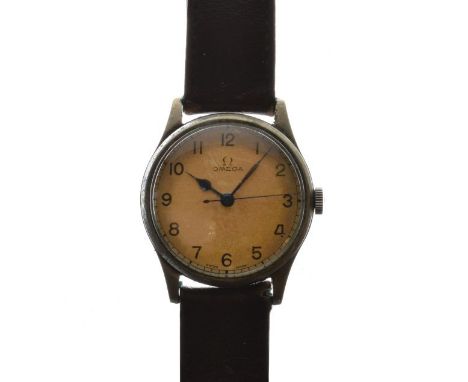 Omega - Military style alloy cased manual wind wristwatch, the off-white dial having outer minute track, Arabic numerals and 