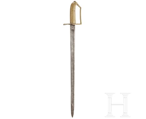 Degen für Mannschaften der Infanterie, um 1815  Gerade, beidseitig gekehlte Rückenklinge (fleckig, narbig) mit zweischneidige