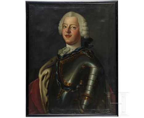 Fürstenportrait, Frankreich, um 1740  Öl auf Leinwand. Ein Herrscher mit weiß gepuderter Perücke im Harnisch, dem Betrachter 