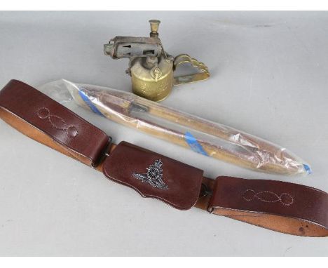 A Royal Artillery cross belt and pouch, a vintage Bladon blow lamp and weaving shuttle. £30 - £50