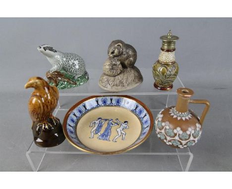 A small collection of ceramics to include a Doulton Lambeth stoneware pepperette decorated with wheat, miniature Silicon Ware