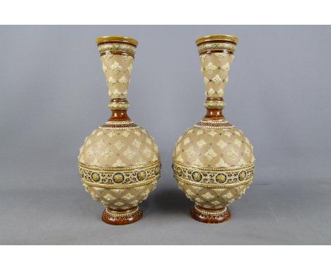 Villeroy &amp; Boch Mettlach - a pair of early 20th century large globular stoneware vases with long tapering necks, with inc