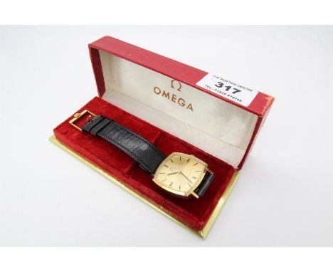A gentleman’s gold-plated square cased Omega wristwatch, 17 jewel Omega calibre 601 centre seconds, manual wind movement, ser