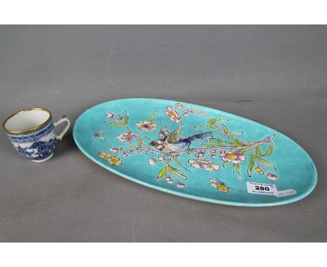 An H.B Choisy-Le-Roi oval plate with bird and insect decoration and an Oriental cup. [2]