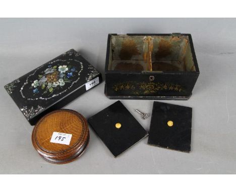 An Edwardian black lacquered tea caddy with inset mother of pearl decoration, twin lidded compartments within, approx 11 cm x