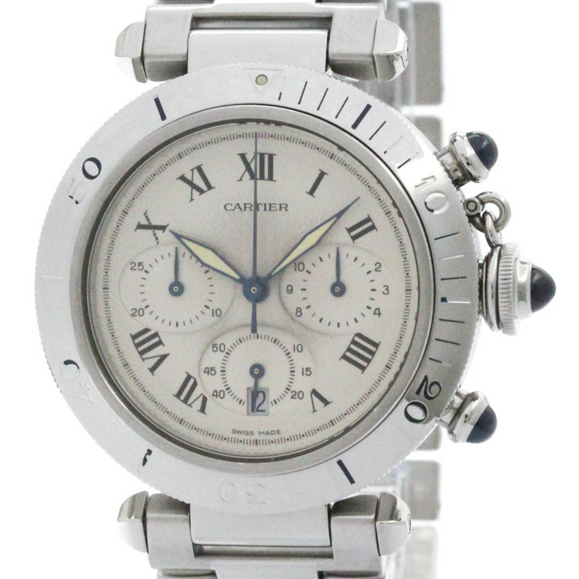 Polished CARTIER Pasha 38 Chronograph Steel Quartz Mens Watch W31018H3