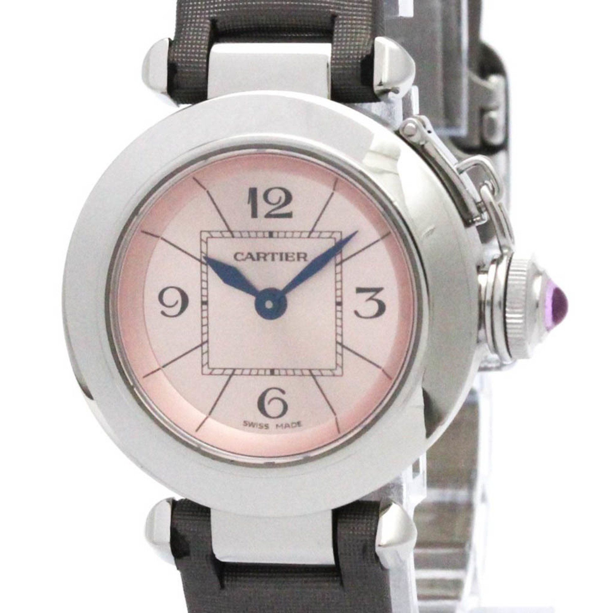 CARTIER Miss Pasha Steel Leather Quartz Ladies Watch W3140026 Polished