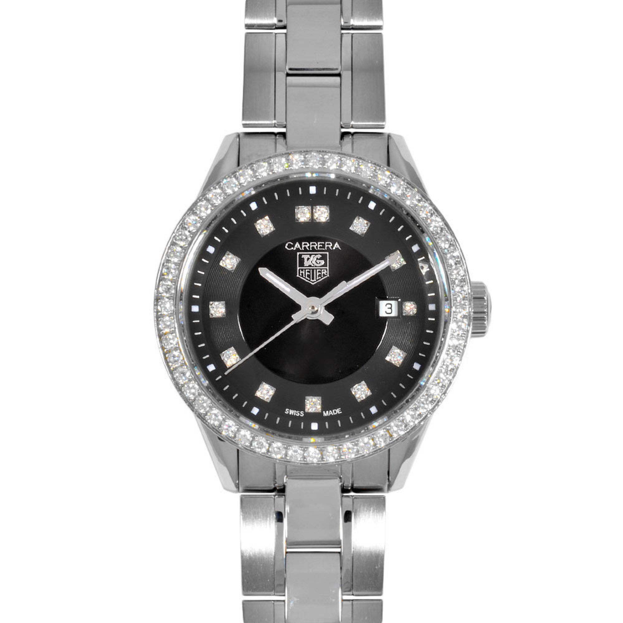 TAG Heuer WV1412.BA0793 Carrera Watch Quartz Black Dial Date 13P Diamond Bezel Ladies