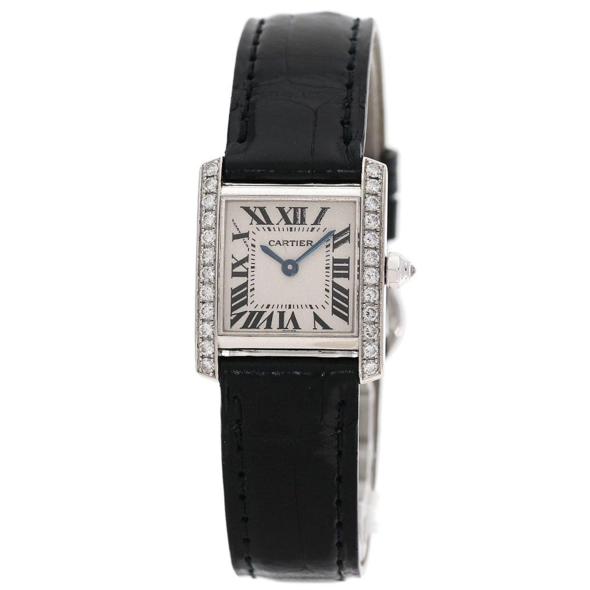 Cartier WE1002S3 Tank Française SM Watch with Genuine Diamond Bezel, 18K White Gold/Leather, Women's