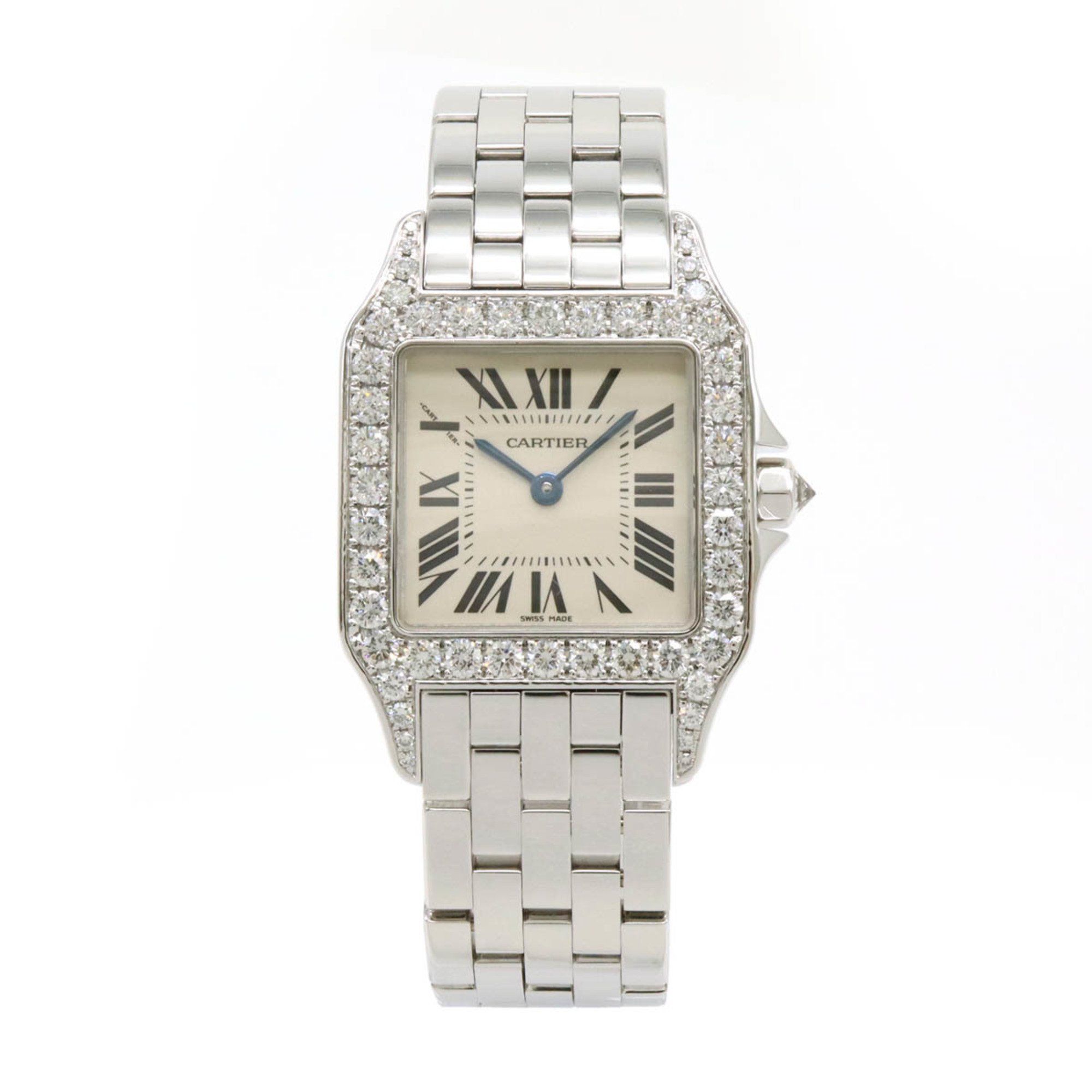 Cartier Santos de LM Bezel Diamond Silver Dial White Gold Ladies Quartz Wristwatch
