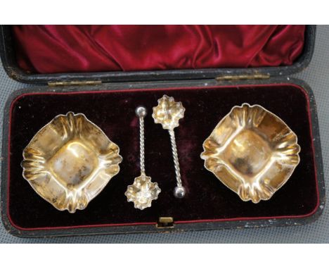 Pair of Silver Salts with matching Spoons in a Plush Original Fitted Case, Full Chester Hallmark (K) Maker JDWD (Unpolished)