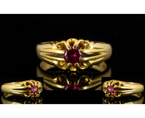 18ct Gold Gypsy Set Single Stone Ruby Set Dress Ring of Pigeon Blood Colour, Excellent Ruby. Full Hallmark for 750. 18ct Gold